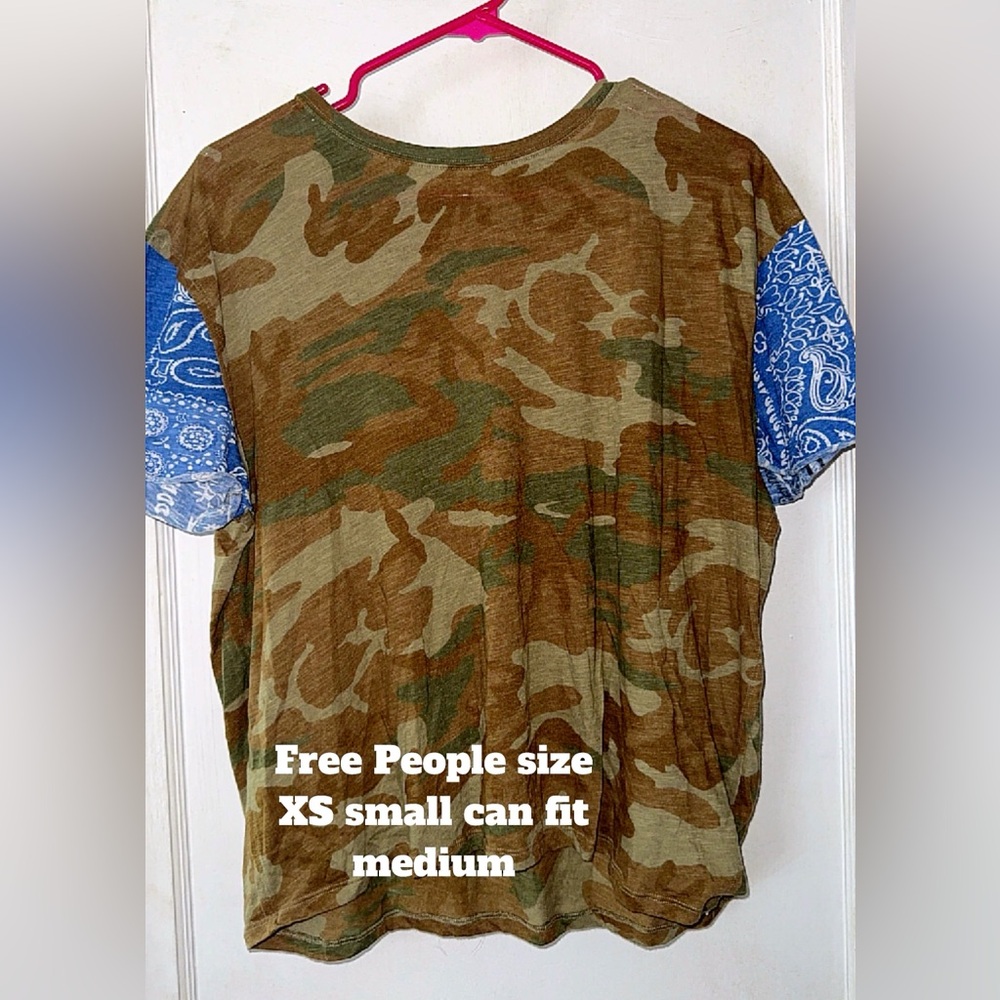 Free People Camouflage Top with Blue Bandana Sleeves